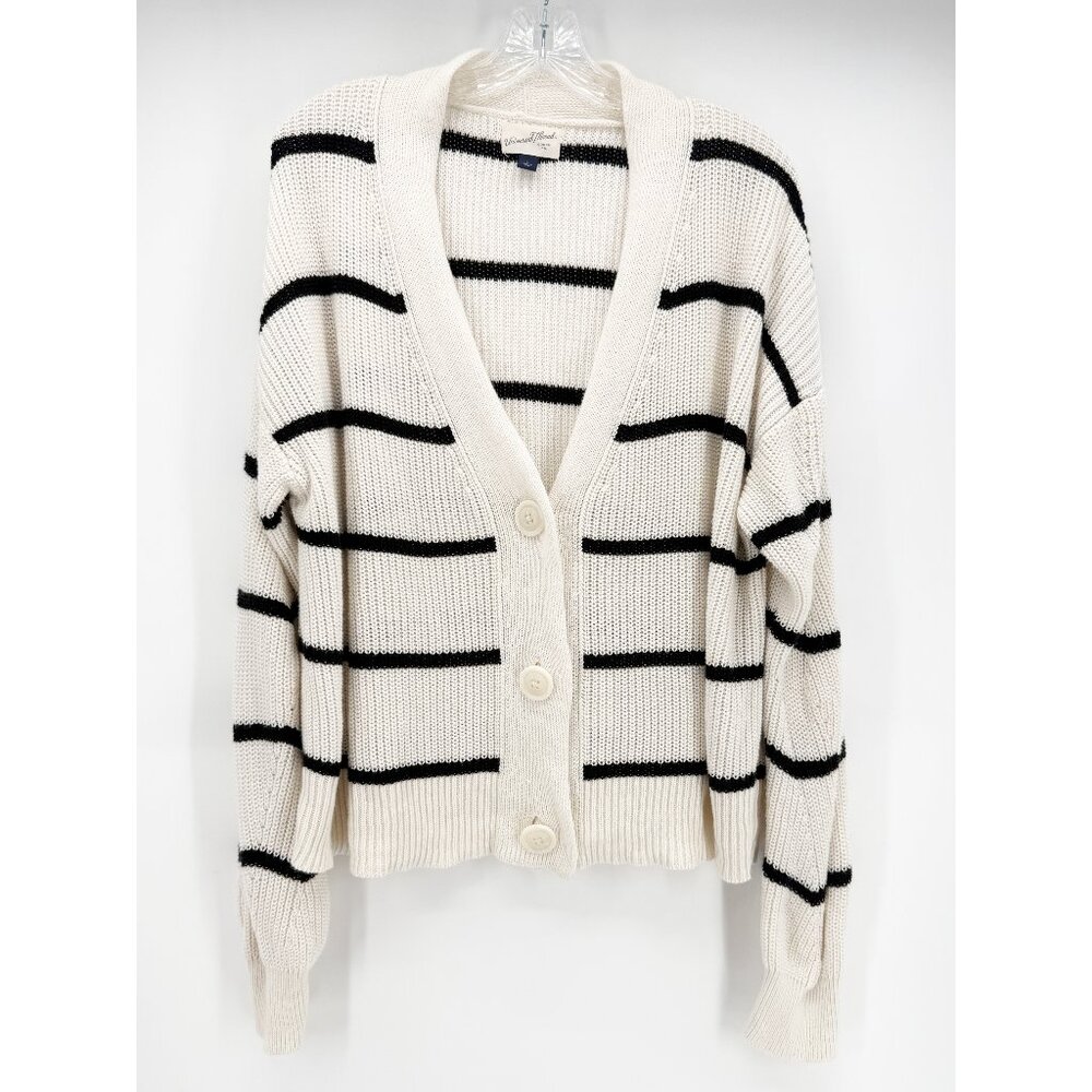Universal Thread Size L Knit Cardigan Button Front Ivory Black Stripe - Picture 2 of 10